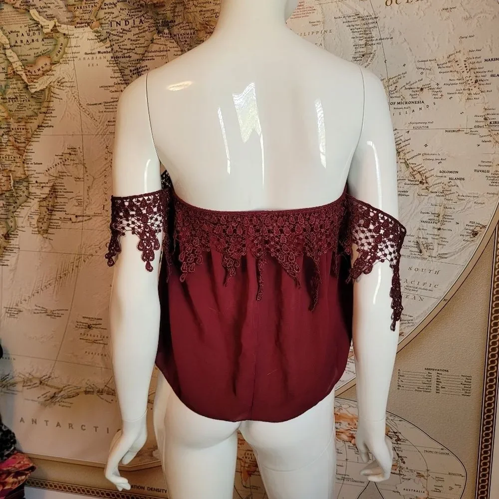 Charlotte Russe off shoulder burgundy lace trim crop top whimsigoth witchy Y2K M